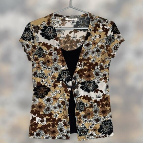 Vintage Tops - Y2K Brown Black Boho Chic Retro Floral Layered Top Womens Medium Indie Sleaze